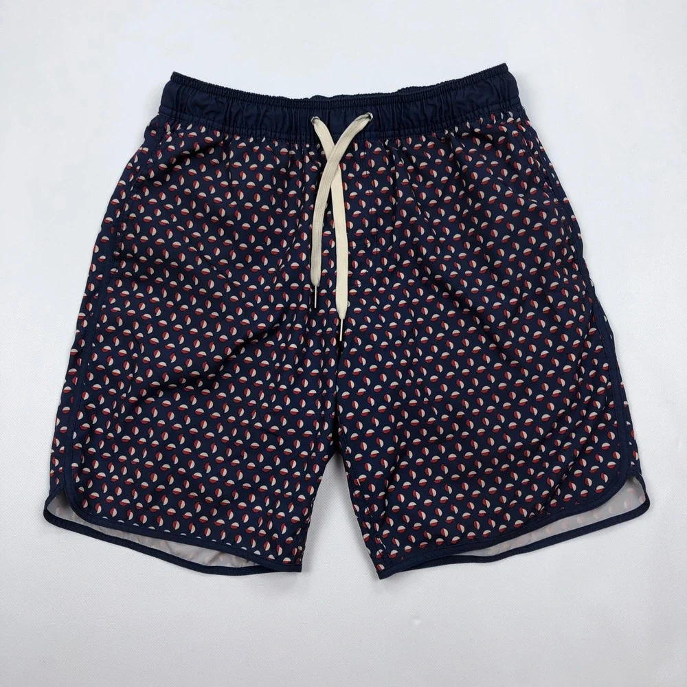 Fair Harbor Mens Navy Red Geometric Recycled Swim Shorts Trunks Size Small